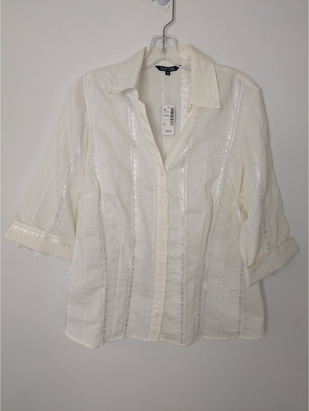 NWT Encore Cream Ivory Embroidered Ribbon Pleated Button Down Blouse Large